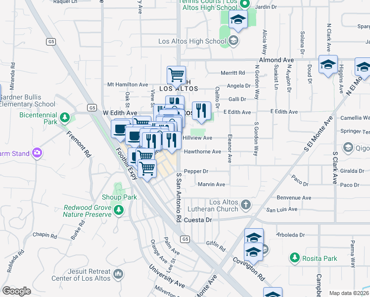 map of restaurants, bars, coffee shops, grocery stores, and more near 40 Hawthorne Avenue in Los Altos