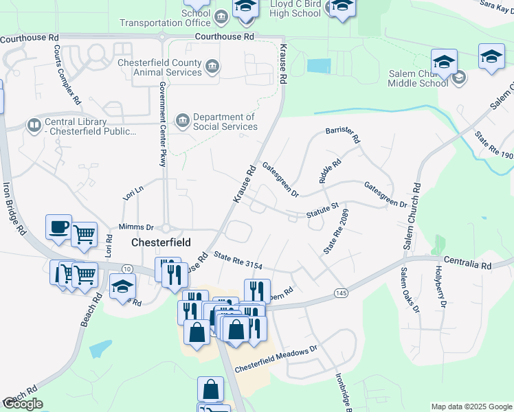 map of restaurants, bars, coffee shops, grocery stores, and more near 6407 Statute Street in Chesterfield