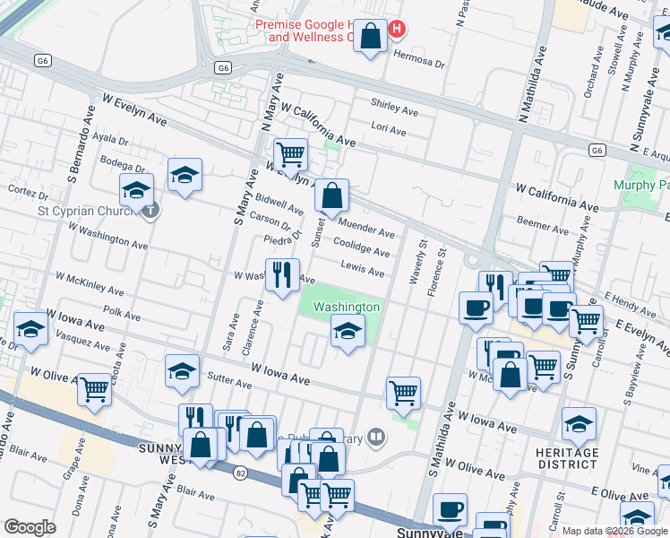 map of restaurants, bars, coffee shops, grocery stores, and more near 887 West Washington Avenue in Sunnyvale