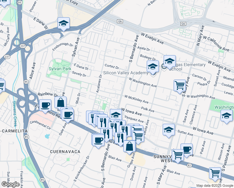 map of restaurants, bars, coffee shops, grocery stores, and more near 1202 West McKinley Avenue in Sunnyvale