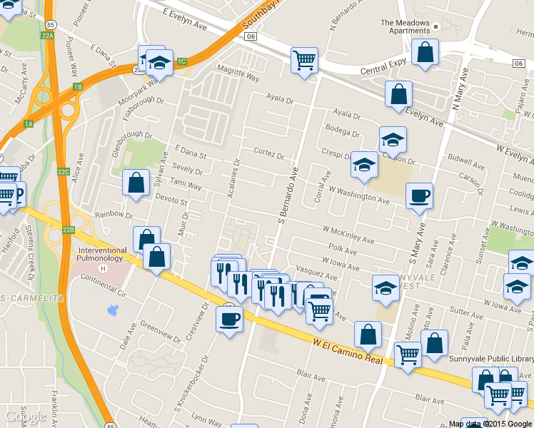 map of restaurants, bars, coffee shops, grocery stores, and more near 1202 West McKinley Avenue in Sunnyvale