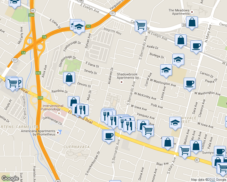 map of restaurants, bars, coffee shops, grocery stores, and more near 1243 Vicente Drive in Sunnyvale