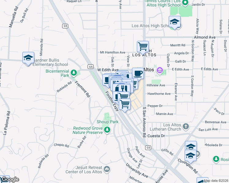 map of restaurants, bars, coffee shops, grocery stores, and more near 235 1st Street in Los Altos