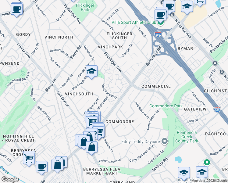 map of restaurants, bars, coffee shops, grocery stores, and more near 1146 Whirlow Place in San Jose