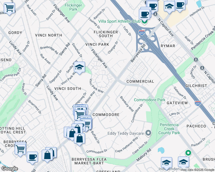 map of restaurants, bars, coffee shops, grocery stores, and more near 1077 Ribisi Circle in San Jose