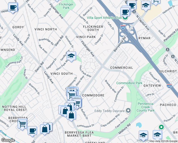 map of restaurants, bars, coffee shops, grocery stores, and more near 1146 Whirlow Place in San Jose