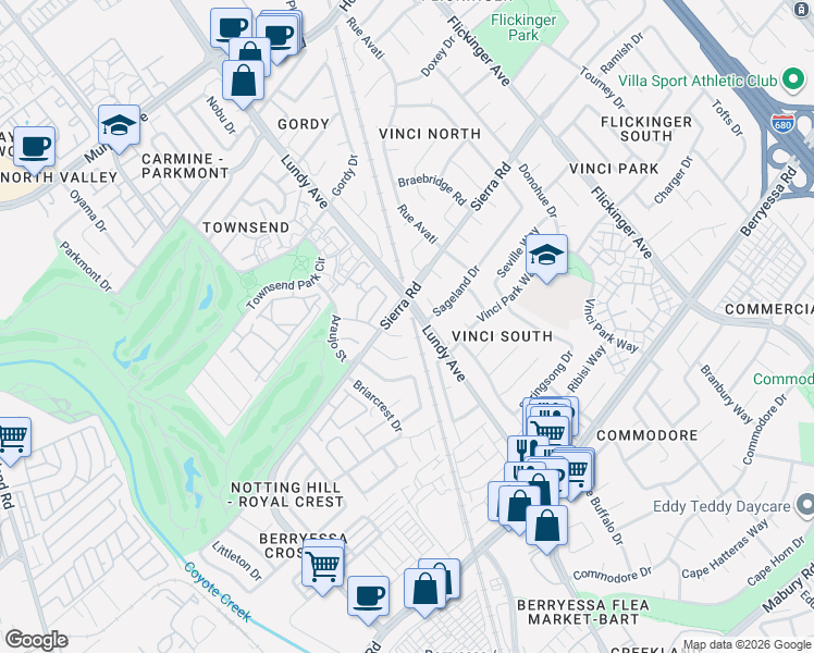 map of restaurants, bars, coffee shops, grocery stores, and more near 1271 Lundy Avenue in San Jose