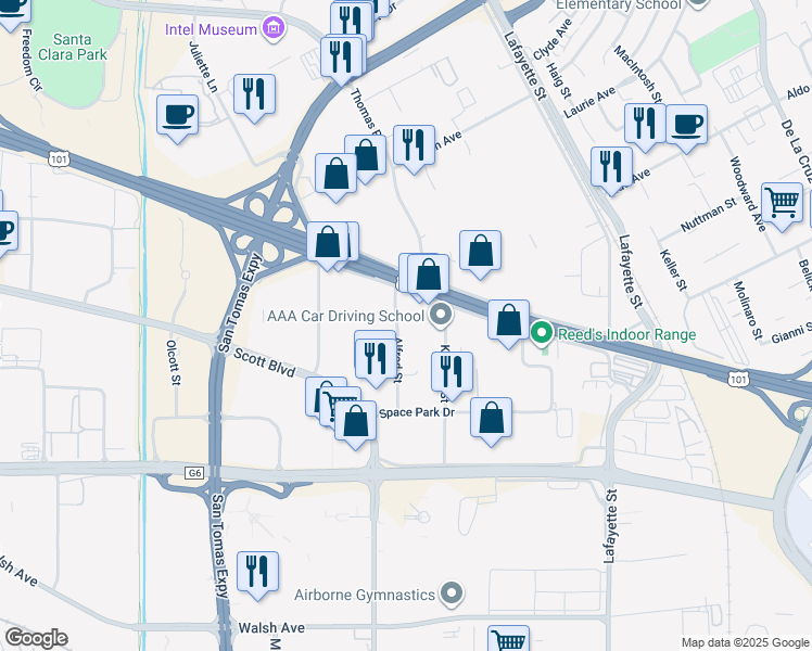 map of restaurants, bars, coffee shops, grocery stores, and more near 3100 Alfred Street in Santa Clara