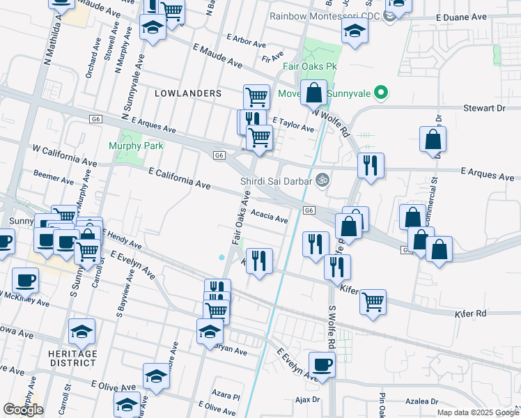 map of restaurants, bars, coffee shops, grocery stores, and more near 860 Acacia Avenue in Sunnyvale