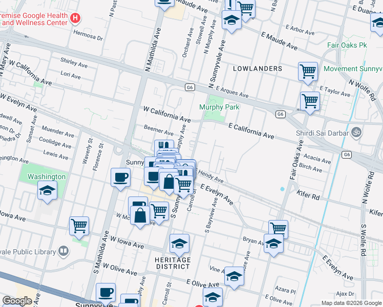 map of restaurants, bars, coffee shops, grocery stores, and more near in Sunnyvale