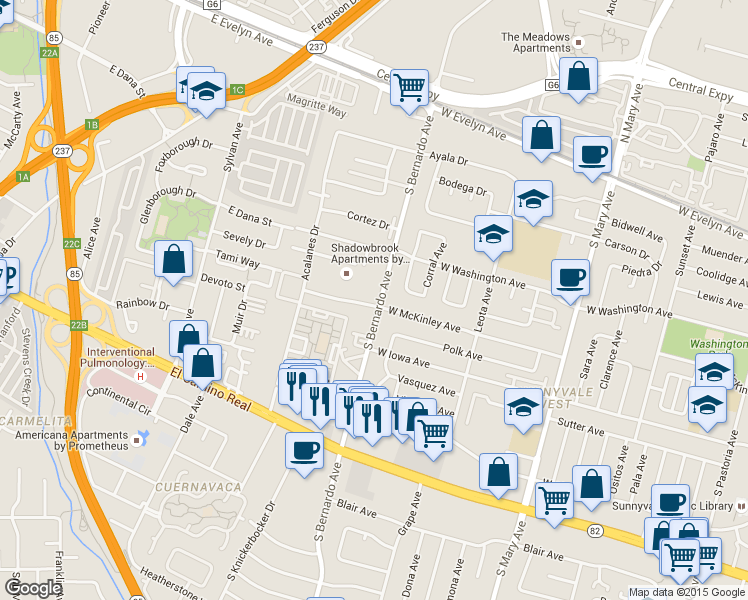 map of restaurants, bars, coffee shops, grocery stores, and more near 1202 West McKinley Avenue in Sunnyvale