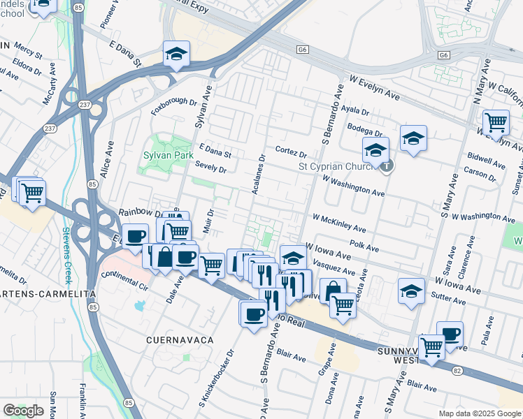 map of restaurants, bars, coffee shops, grocery stores, and more near 1263 Vicente Drive in Sunnyvale