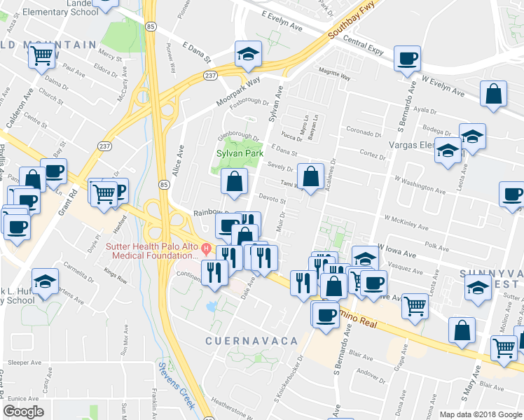map of restaurants, bars, coffee shops, grocery stores, and more near 721 Sylvan Avenue in Mountain View