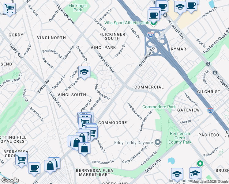 map of restaurants, bars, coffee shops, grocery stores, and more near 1097 Ribisi Circle in San Jose