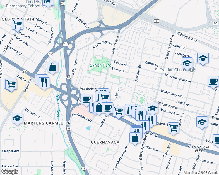 map of restaurants, bars, coffee shops, grocery stores, and more near 721 Sylvan Avenue in Mountain View