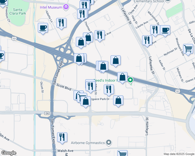 map of restaurants, bars, coffee shops, grocery stores, and more near 3115 Alfred Street in Santa Clara