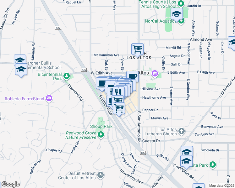 map of restaurants, bars, coffee shops, grocery stores, and more near 266 Main Street in Los Altos