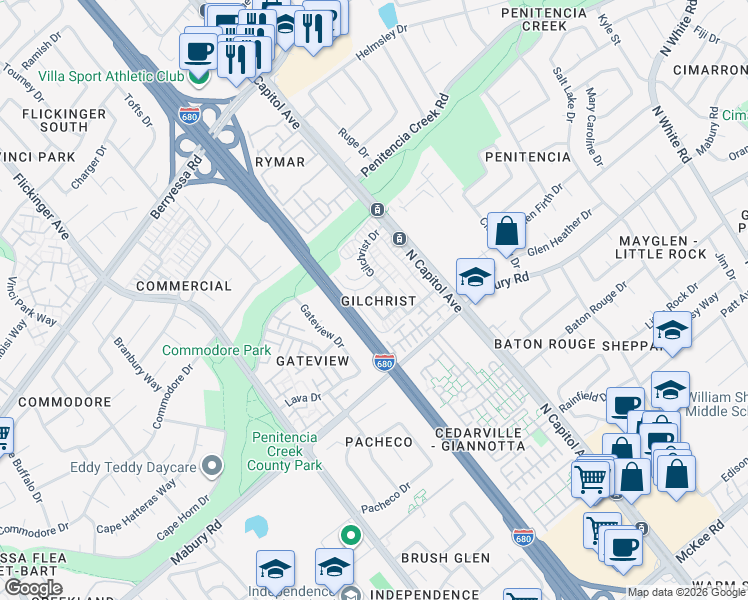 map of restaurants, bars, coffee shops, grocery stores, and more near 860 Wyman Way in San Jose