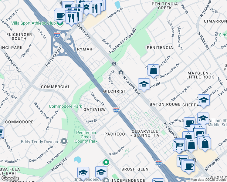 map of restaurants, bars, coffee shops, grocery stores, and more near 860 Wyman Way in San Jose