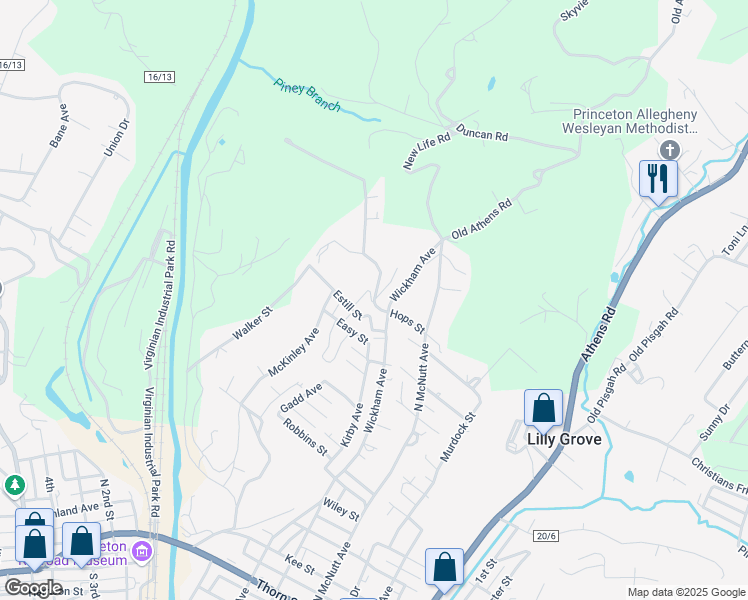 map of restaurants, bars, coffee shops, grocery stores, and more near 228 North Wickham Avenue in Princeton