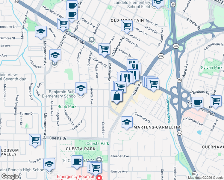 map of restaurants, bars, coffee shops, grocery stores, and more near 1203 Phyllis Avenue in Mountain View