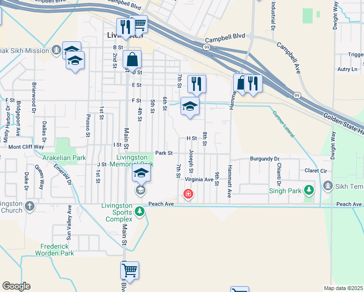 map of restaurants, bars, coffee shops, grocery stores, and more near 1231 7th Street in Livingston