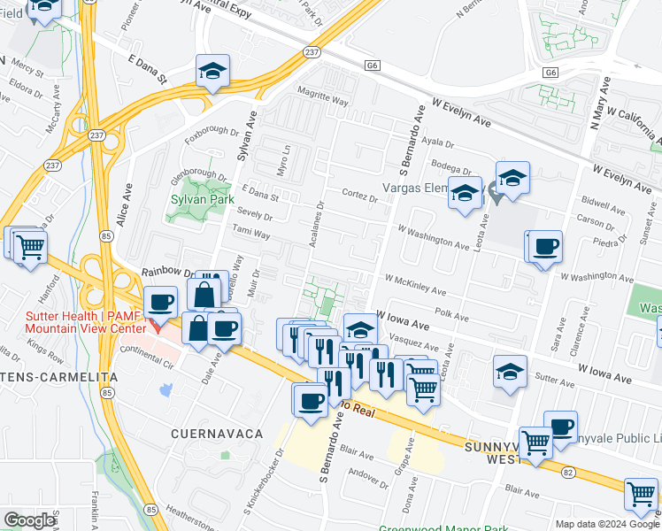 map of restaurants, bars, coffee shops, grocery stores, and more near 1243 Vicente Drive in Sunnyvale