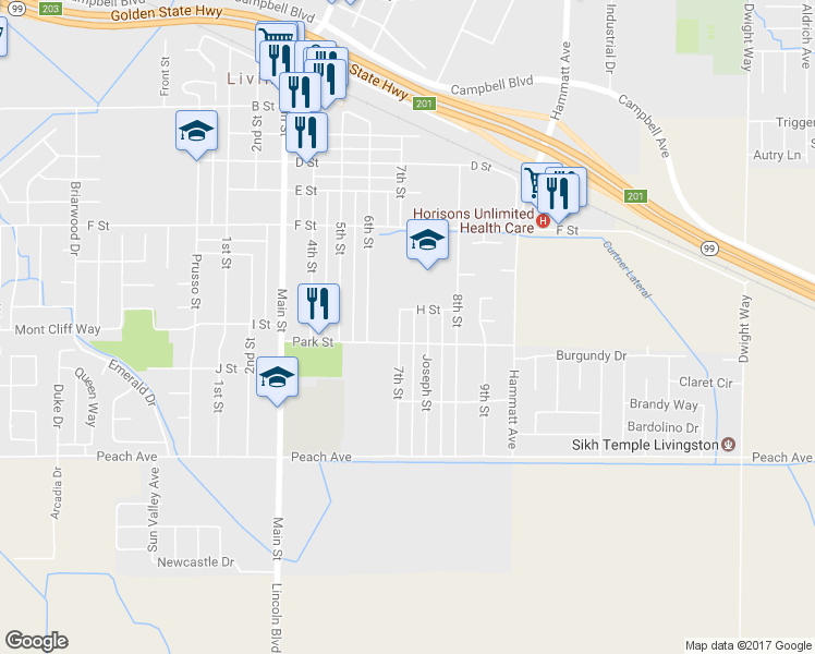 map of restaurants, bars, coffee shops, grocery stores, and more near 1231 7th Street in Livingston