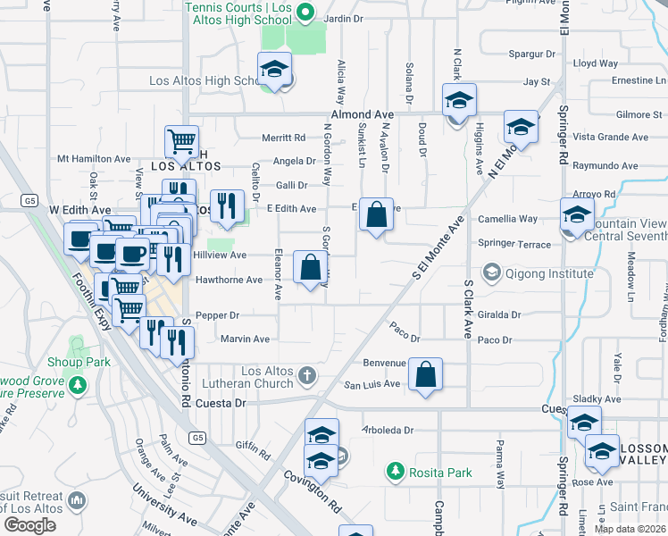 map of restaurants, bars, coffee shops, grocery stores, and more near 220 South Gordon Way in Los Altos