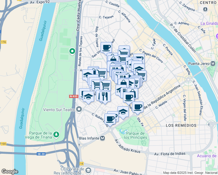 map of restaurants, bars, coffee shops, grocery stores, and more near Calle Sol in Sevilla
