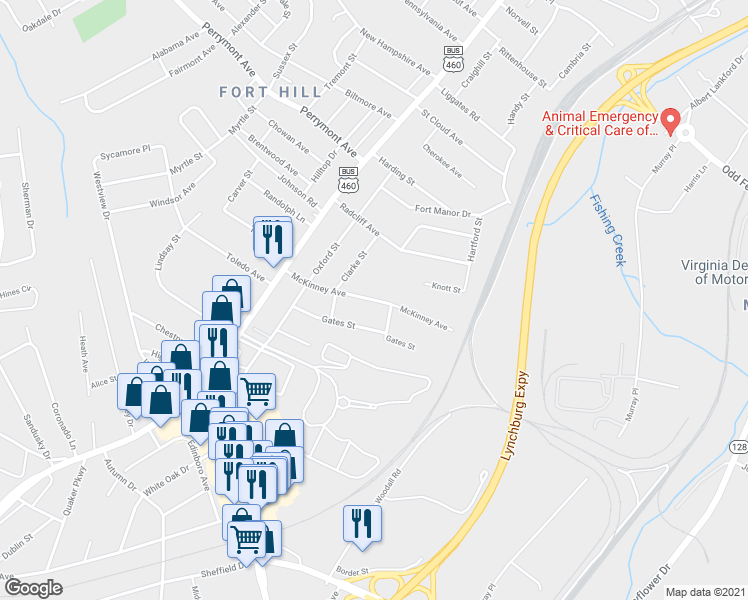 map of restaurants, bars, coffee shops, grocery stores, and more near 1507 McKinney Avenue in Lynchburg