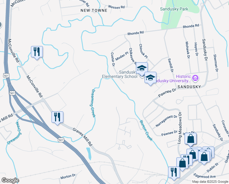 map of restaurants, bars, coffee shops, grocery stores, and more near 6100 Old Mill Road in Lynchburg
