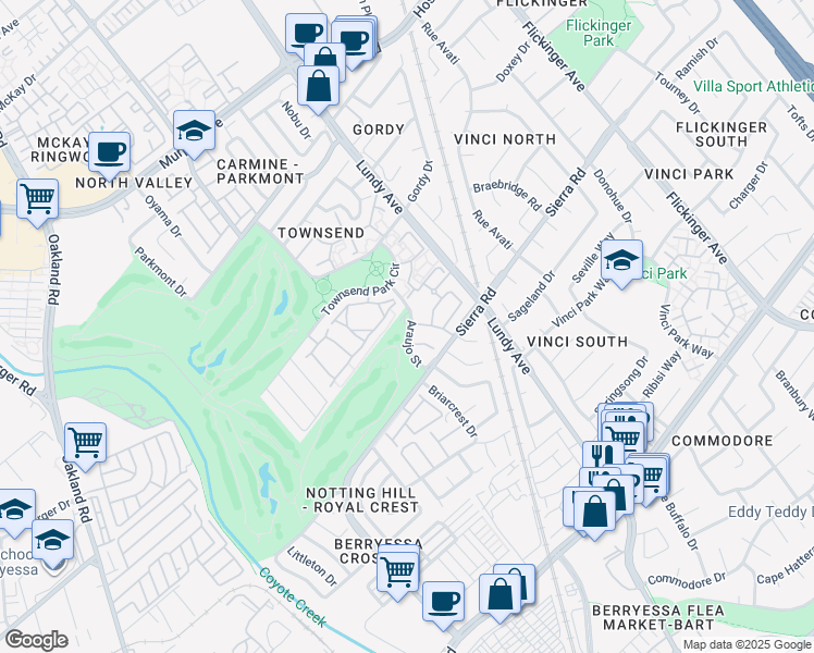 map of restaurants, bars, coffee shops, grocery stores, and more near 1325 Araujo Street in San Jose