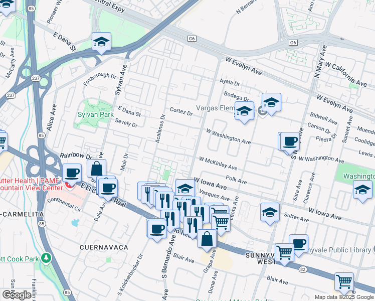 map of restaurants, bars, coffee shops, grocery stores, and more near 1219 West McKinley Avenue in Sunnyvale
