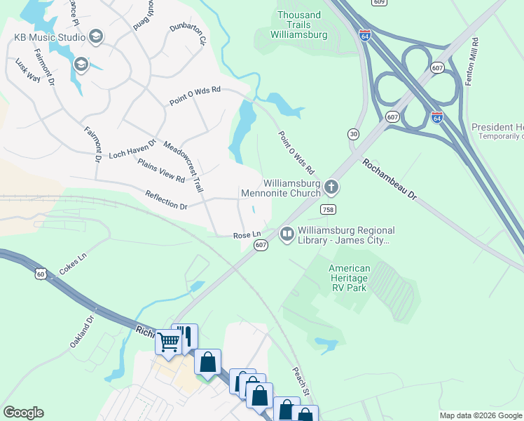 map of restaurants, bars, coffee shops, grocery stores, and more near 4268-4298 Rose Lane in Williamsburg