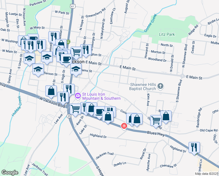 map of restaurants, bars, coffee shops, grocery stores, and more near 430 Marilyn Drive in Jackson