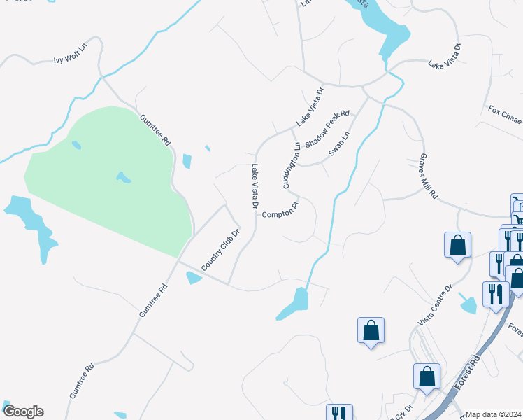 map of restaurants, bars, coffee shops, grocery stores, and more near 742 Lake Vista Drive in Forest