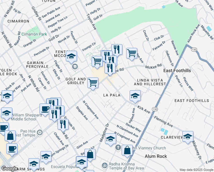 map of restaurants, bars, coffee shops, grocery stores, and more near 270 La Pala Drive in San Jose