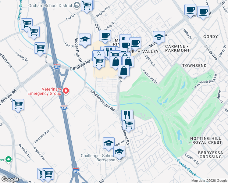 map of restaurants, bars, coffee shops, grocery stores, and more near 1081 Harebell Place in San Jose