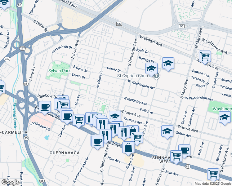 map of restaurants, bars, coffee shops, grocery stores, and more near 1219 West McKinley Avenue in Sunnyvale