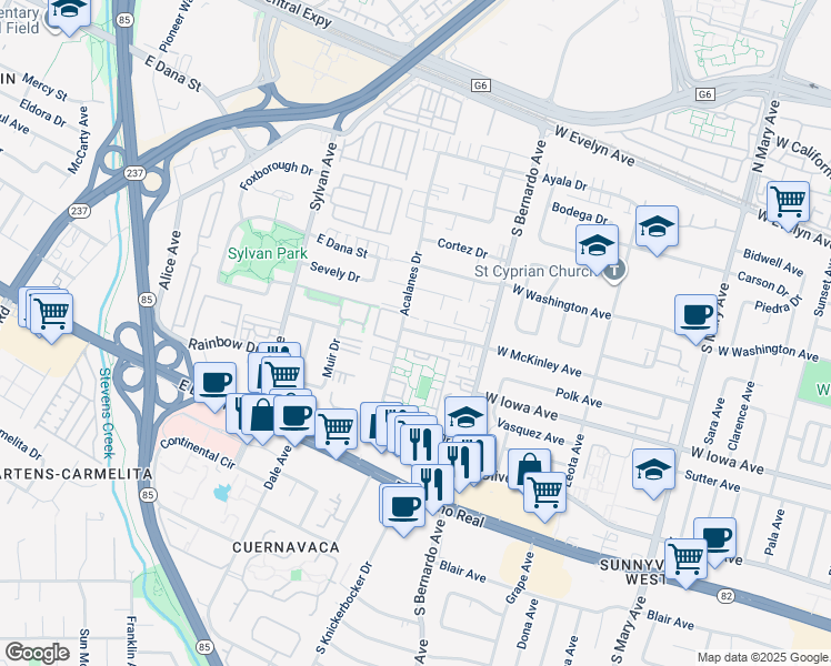 map of restaurants, bars, coffee shops, grocery stores, and more near 1263 Vicente Drive in Sunnyvale