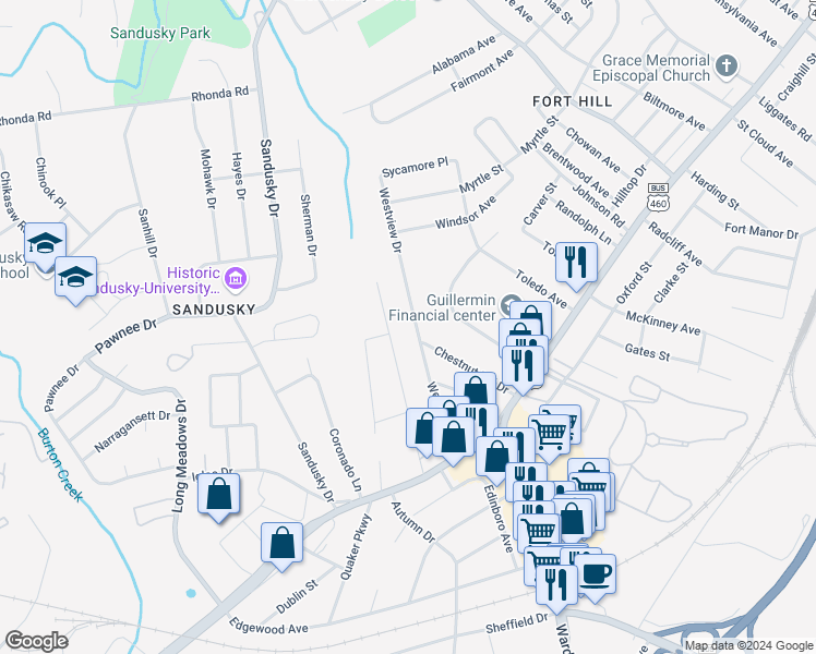 map of restaurants, bars, coffee shops, grocery stores, and more near 907 Westview Drive in Lynchburg