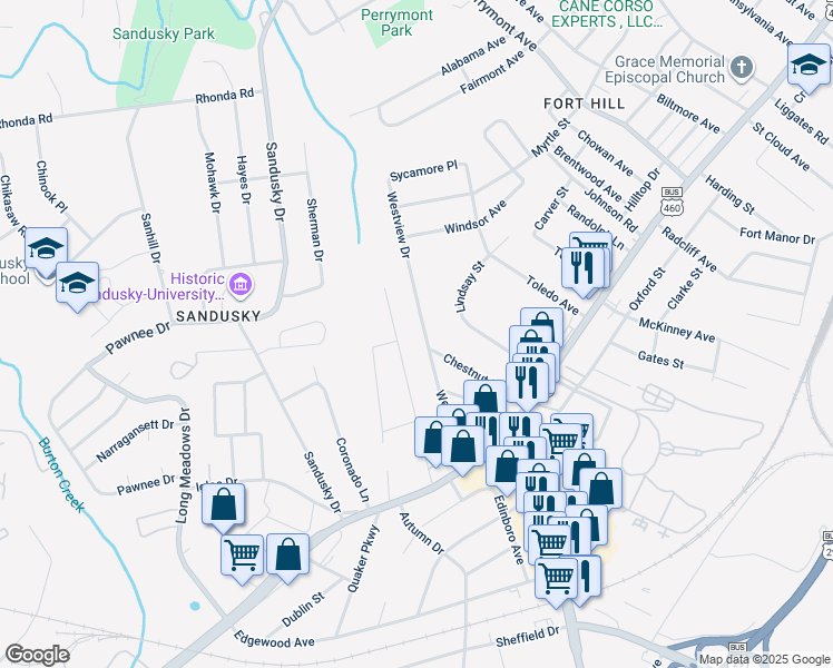 map of restaurants, bars, coffee shops, grocery stores, and more near 907 Westview Drive in Lynchburg