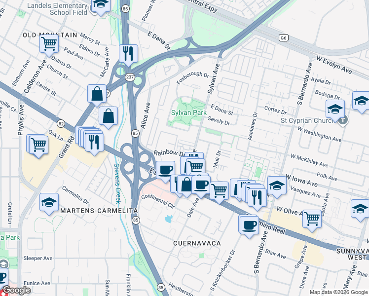 map of restaurants, bars, coffee shops, grocery stores, and more near 750 Sylvan Avenue in Mountain View