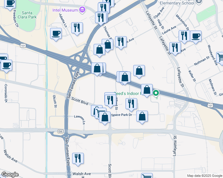 map of restaurants, bars, coffee shops, grocery stores, and more near 3130 Alfred Street in Santa Clara