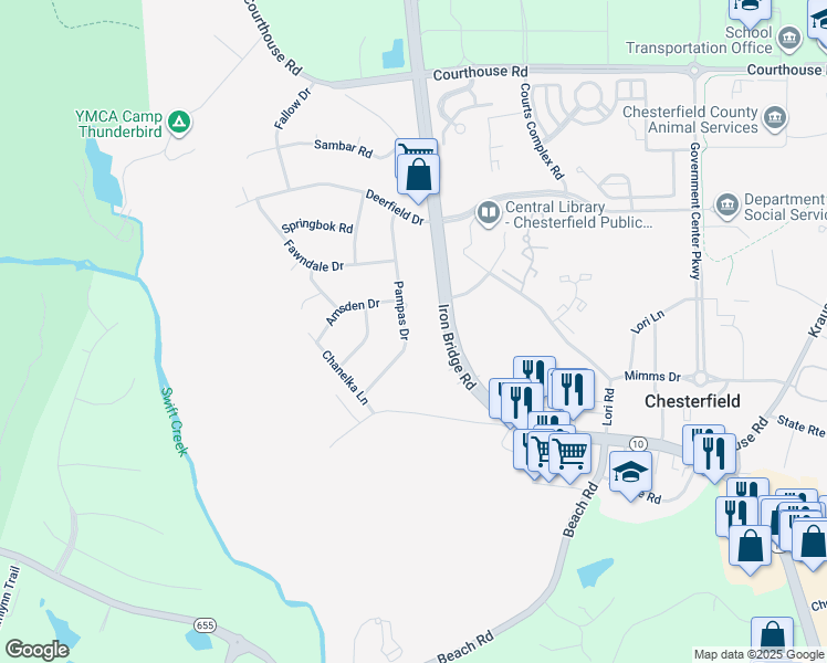 map of restaurants, bars, coffee shops, grocery stores, and more near 9719 Pampas Drive in Chesterfield