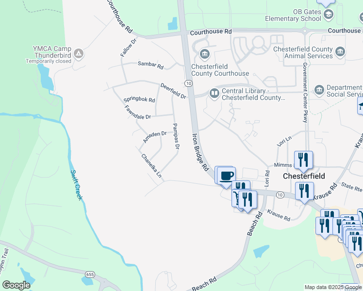 map of restaurants, bars, coffee shops, grocery stores, and more near 9719 Pampas Drive in Chesterfield