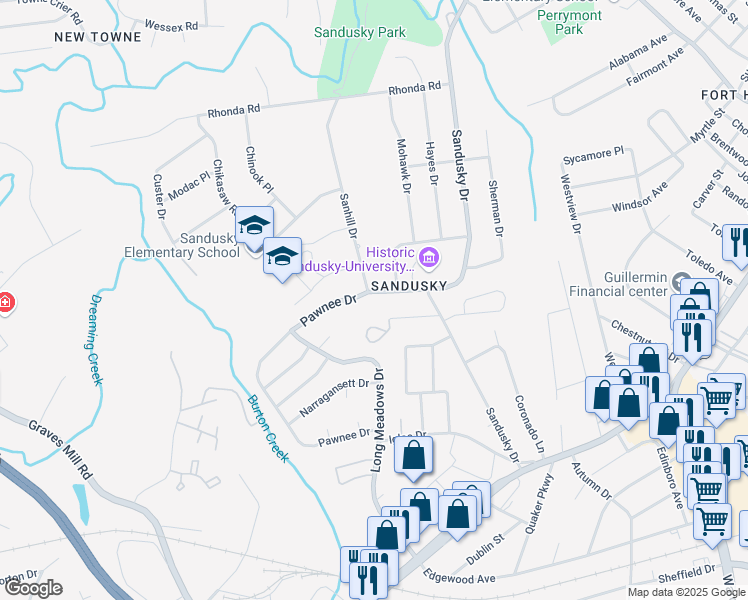 map of restaurants, bars, coffee shops, grocery stores, and more near 6016 Pawnee Drive in Lynchburg
