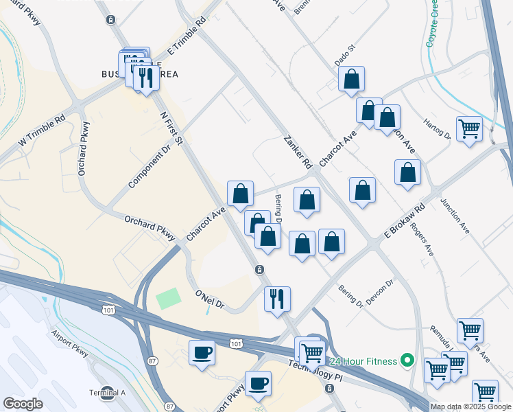 map of restaurants, bars, coffee shops, grocery stores, and more near 140 Charcot Avenue in San Jose