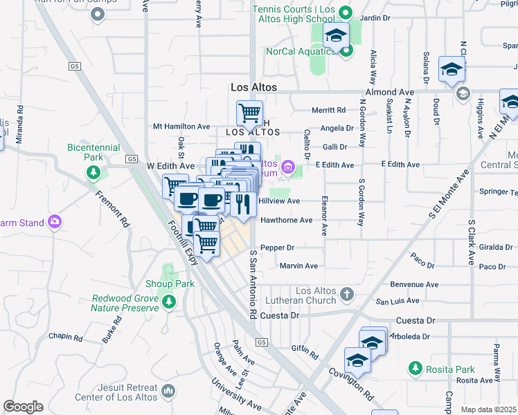 map of restaurants, bars, coffee shops, grocery stores, and more near 167 South San Antonio Road in Los Altos